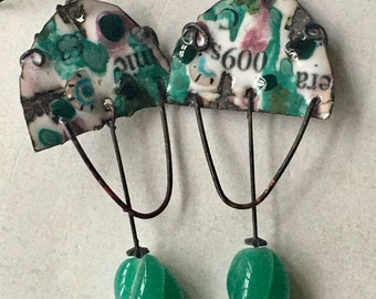 Teal green graffiti copper enamel dangle earrings with vintage jade green Japanese lucite beads