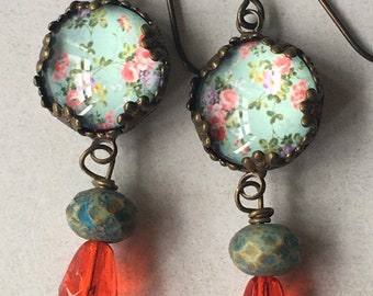 Floral earrings, Victorian English Liberty design, clear red teardrop glass and faceted teal glass beads