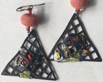 Industrial thin lattice enamel charm earrings