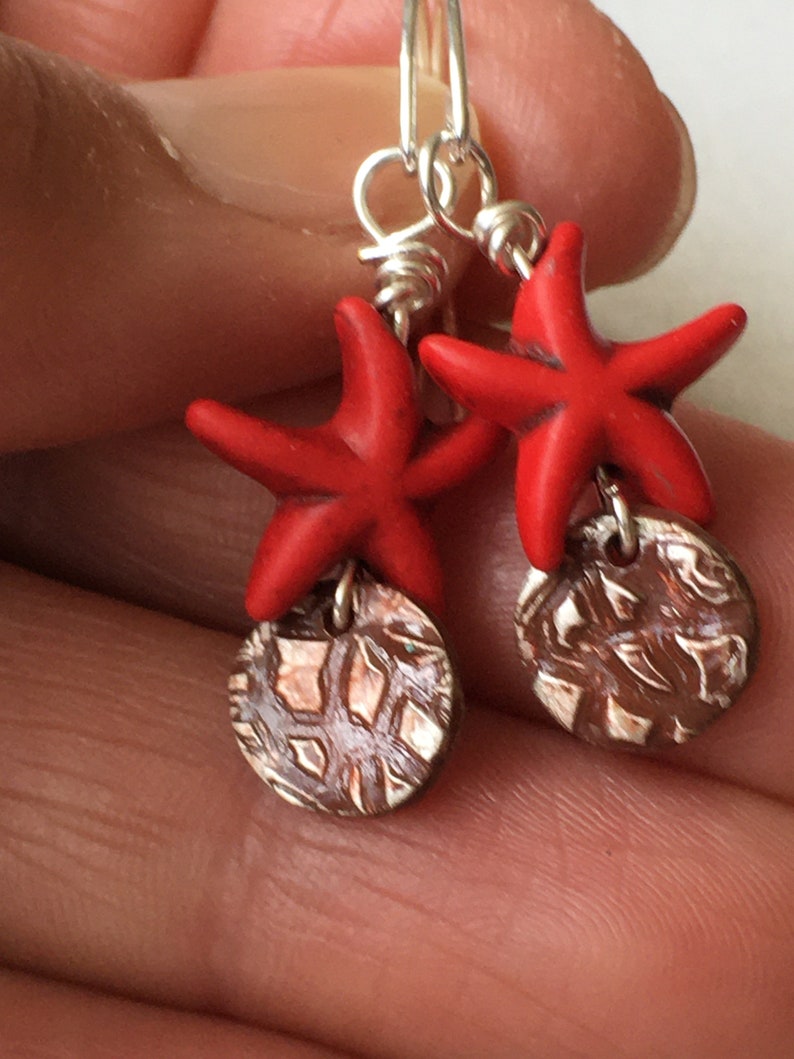 Fine silver disc earrings with red howlite starfish charms,Cinnabar patina fine silver earrings