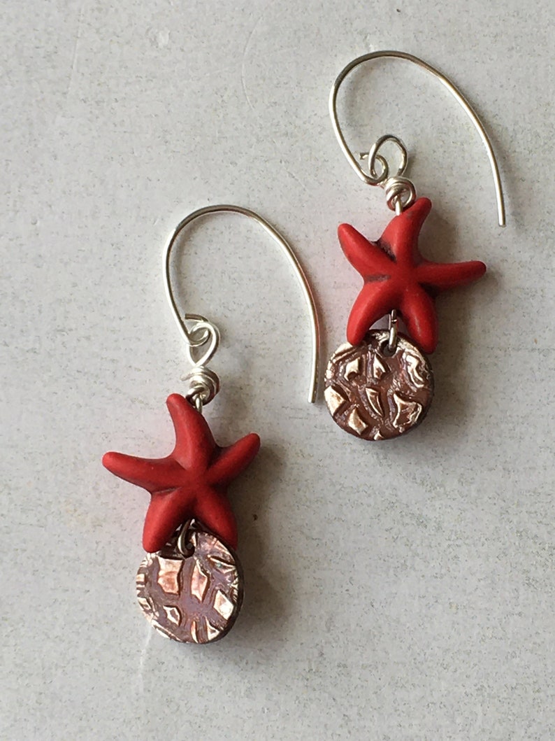 Fine silver disc earrings with red howlite starfish charms,Cinnabar patina fine silver earrings