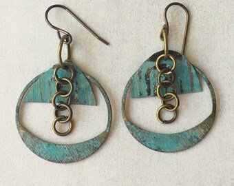 Aged patina brass hoop earrings with vintage handpainted tin