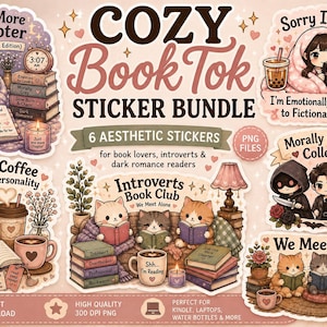 K&ouml;nnte beinhalten: Ein Sticker-Bundle mit sechs &auml;sthetischen Designs, das Illustrationen zum Thema B&uuml;cher enth&auml;lt. Die Sticker zeigen Bilder von B&uuml;chern, Kaffee, Katzen und Texten wie "COZY Book Tok" und "Introverts Book Club".