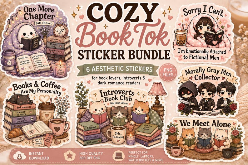 K&ouml;nnte beinhalten: Ein Sticker-Bundle mit sechs &auml;sthetischen Designs, das Illustrationen zum Thema B&uuml;cher enth&auml;lt. Die Sticker zeigen Bilder von B&uuml;chern, Kaffee, Katzen und Texten wie "COZY Book Tok" und "Introverts Book Club".