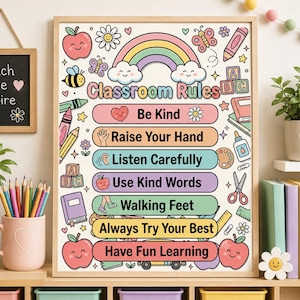 Poster kleuterklas regels, klasregels afdrukbare png-bestand, regenboog klas decor, poster terug naar school leraar
