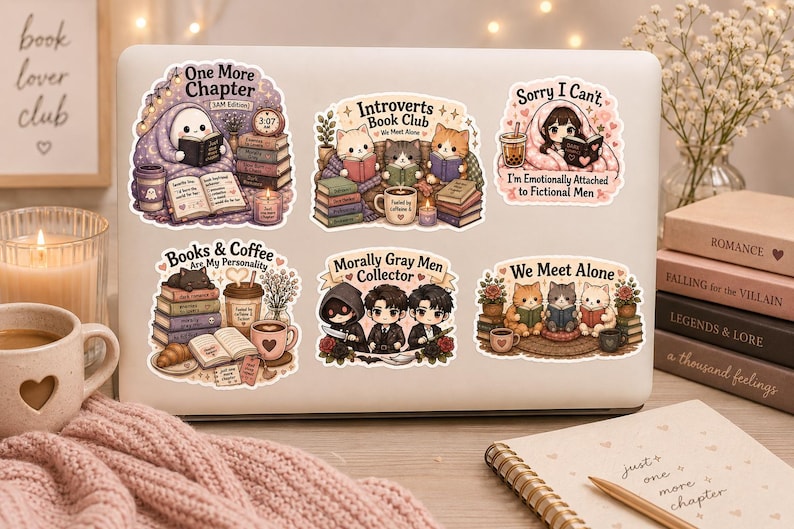 K&ouml;nnte beinhalten: Ein Laptop mit Aufklebern mit Buchmotiven. Die Aufkleber zeigen Illustrationen von lesenden Charakteren, B&uuml;cherstapeln und Kaffeetassen. Der Text enth&auml;lt "One More Chapter", "Introverts Book Club" und "Books & Coffee Are My Personality."