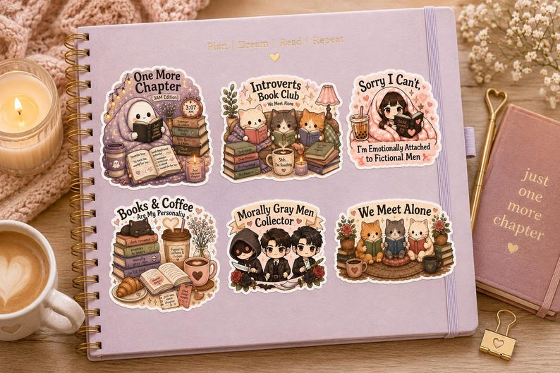 K&ouml;nnte beinhalten: Eine Sammlung farbenfroher Aufkleber auf einem Spiralnotizbuch. Die Aufkleber zeigen niedliche Illustrationen von Katzen, B&uuml;chern, Kaffee und S&auml;tzen wie "Introverts Book Club" und "Books & Coffee". Eine Kerze und ein Buch sind ebenfalls zu sehen.