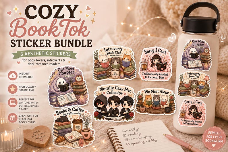 K&ouml;nnte beinhalten: &Auml;sthetisches Aufkleber-Bundle mit dem Text "COZY BookTok" und "6 AESTHETIC STICKERS". Die Aufkleber zeigen Illustrationen von B&uuml;chern, Katzen und Charakteren, f&uuml;r B&uuml;cherliebhaber und Introvertierte. Enth&auml;lt eine Wasserflasche mit Aufklebern.