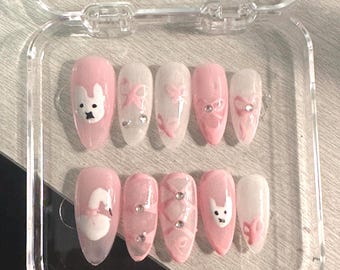 Handmade Pink and White Miffy White Swan Press on Nails