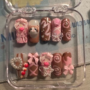 Adorable neopolitan ice cream themed strawberry and chocolate press on nails