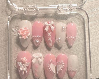 Creamy Pink and White Coquette Girly Bow Press on Nail Set