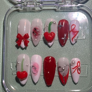 Cherry Dreams Dreamy Romantic Coquette Red and White Press on Nails