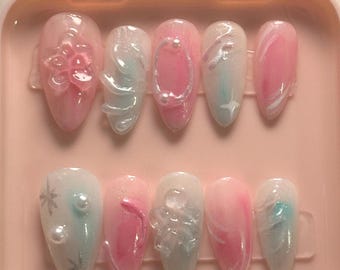 Handmade Princess/Mermaid Pink and Blue Cotton Candy Jelly Bean Presson Nails