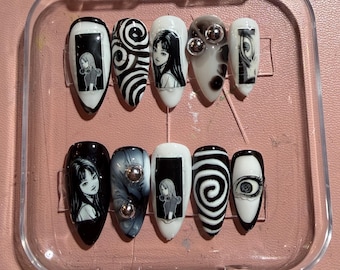 Junji Ito Tomie Press On Nail Set: Black & White Horror Goth Nails