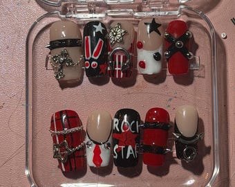 Y2K Rockstar Girlfriend Red and Black Punk and Grunge Press on nail set