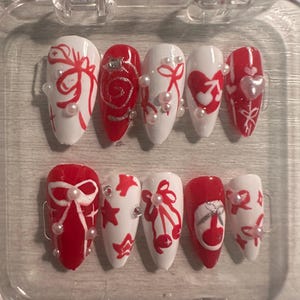 Handmade Coquette Pearl Cherry Red and White Press On Gel Nails