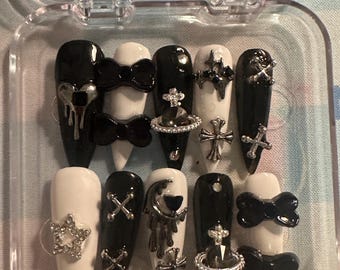 Black and white metallic goth grunge coquette punk punquette emo scene nails