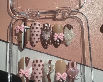 Demure Coquette Jirai Kei Morute Shojo Girl Brown and Pink Press on Nails