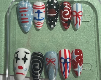 Americana Wishbone-themed July 4th Red White and Blue Press on Nails