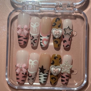 Coquette Y2K Gyaru Cheetah Print Pink and Brown Press on Nails