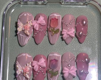 Strawberry Tulip Rococo Romantic Coquette Press on Nails — Perfect for Valentine’s Day