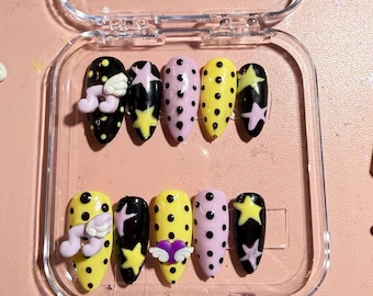 Yellow Black and Purple Musical Y2K Jirai Kei Polka Dot Press on Nails