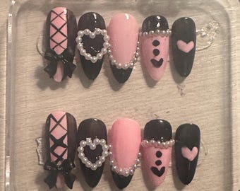 Handmade Pink and Black Coquette Pastel Goth Heart Press on Nails