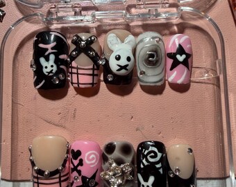 Y2K Miffy Emo/Goth Black and Pink bunny girl esoteric nail set