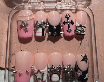 Pink and black y2k gyaru rave press on nails