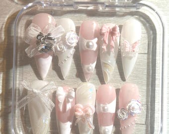 Vintage Coquette Press On Nails: Elegant Ballet-Core Glam