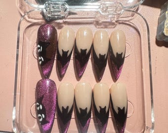 Purple and nude cateye gothic vampire bat press on nails—perfect for a Halloween or costume look!