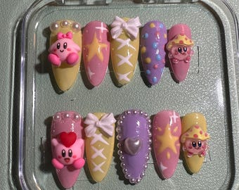 Pastel Pink, Yellow and Purple Coquette Gyaru Y2K Lolita Kirby Press on Nails