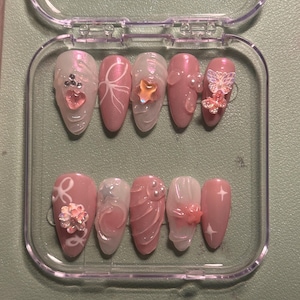 Gorgeous dreamy coquette angelic pink and white chrome press on nails—perfect for date night, special occasions, and everyday wear
