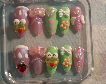 Iridescent Ethereal Gyaru Himekaji Keroppi pink and green frog Sanrio press on nails!