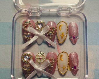 Pink and Gold Y2K Gyaru Charm Princess Themed Press on Nails