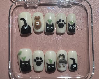 Adorable Shojo girl black cat plant press on nails