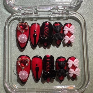 Dark Academia Lolita-core Goth Grunge Emo Coquette Red and Black Press on Nails