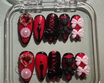 Dark Academia Lolita-core Goth Grunge Emo Coquette Red and Black Press on Nails
