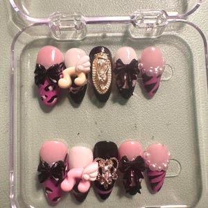 Pink and black himegyaru coquette y2k press on nails