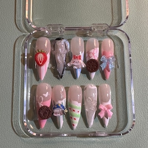 Pink Strawberry Vanilla Wafer Jirai Kei Coquette Lolita Press on Nails