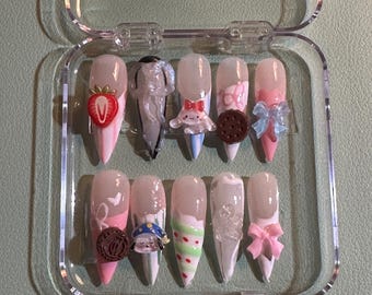 Pink Strawberry Vanilla Wafer Jirai Kei Coquette Lolita Press on Nails
