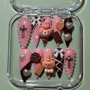 Sweet Dessert Series 3! Adorable jirai kei coquette Lolita core kawaii pink and brown bear press on nails!