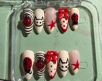 Red and white ladybug coquette y2k designed press on nails