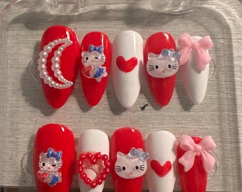 Handmade Red and White Hello Kitty Sanrio Charm Gel Press on Nails