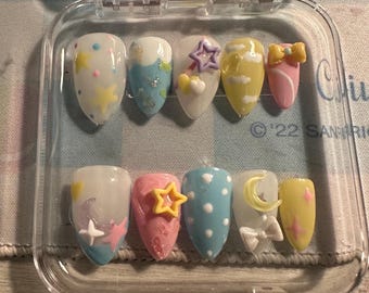 Bubble Star and Moon Yellow Blue and White Press on Nails
