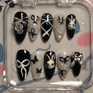 Black and white rabbit themed coquette press on nails
