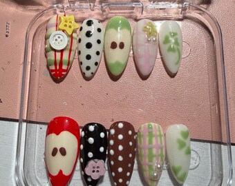 Kitschy Y2K Jirai Kei Button Tweed Press on Nails