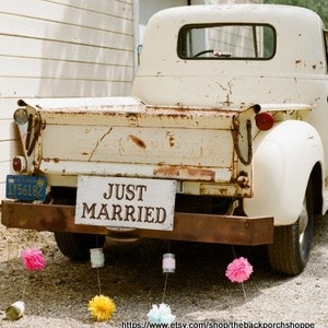 JUST MARRIED as seen in Brides Northern CA Shabby Cottage Vintage Wedding Signs 24 x 12 / Handpainted / No Vinyl image 1