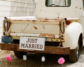 JUST MARRIED as seen in Brides Northern CA Shabby Cottage Vintage Wedding Signs 24 x 12 / Handpainted / No Vinyl