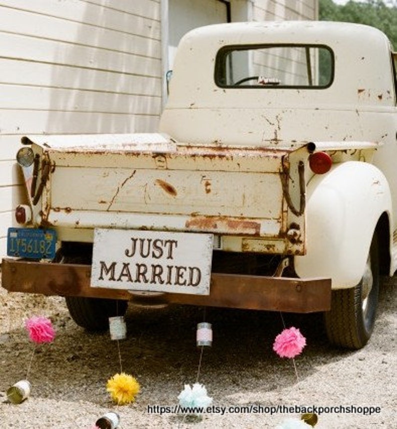 JUST MARRIED as seen in Brides Northern CA Shabby Cottage Vintage Wedding Signs 24 x 12 / Handpainted / No Vinyl image 1
